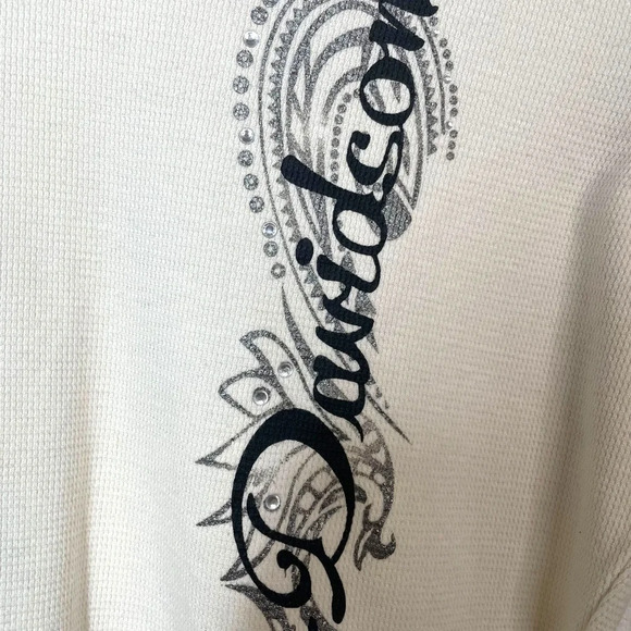 VINTAGE Harley Davidson V-Neck Thermal Rhinestone Long Sleeve in Ivory Size M - Picture 6 of 11